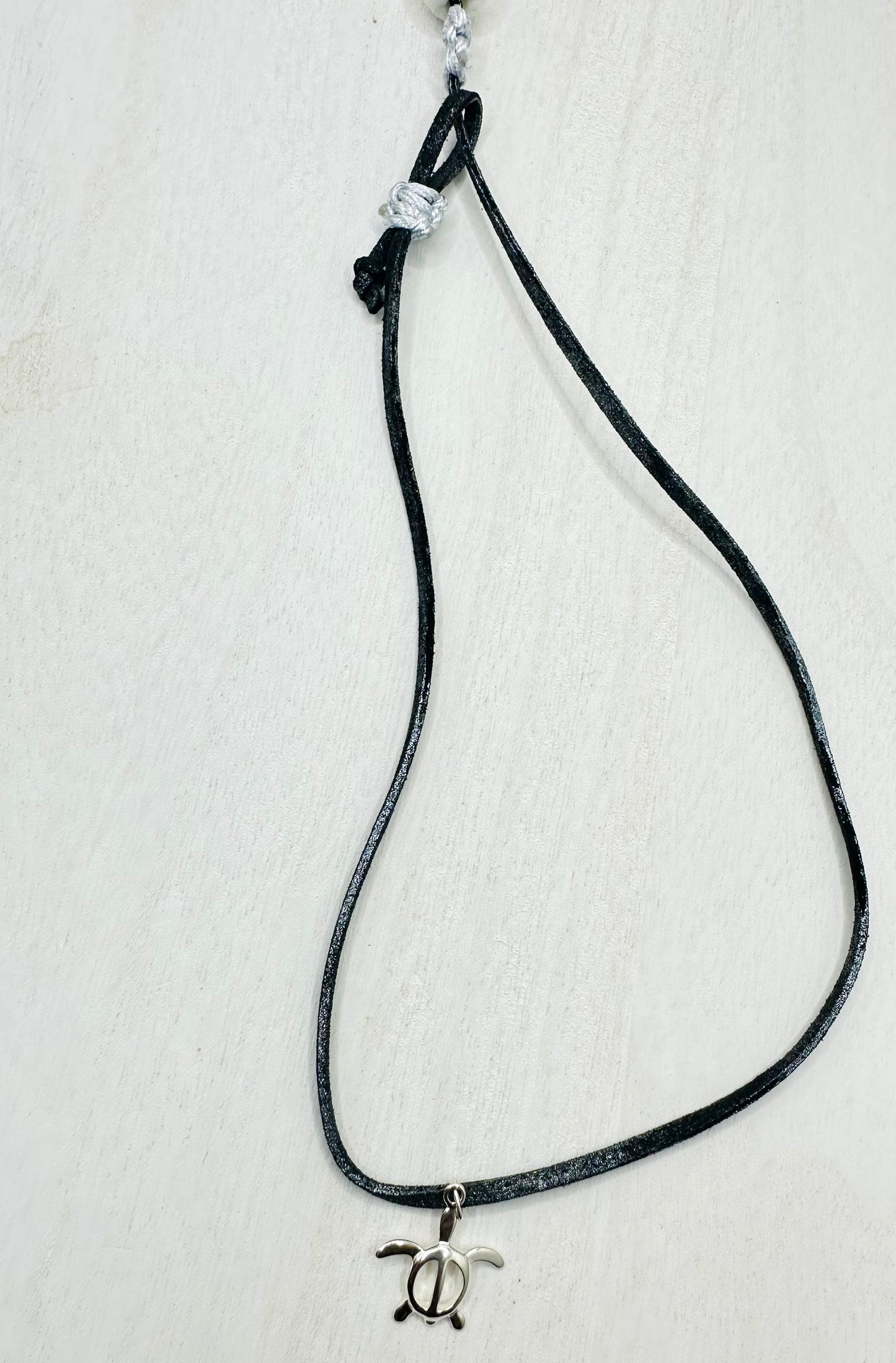 Hand made necklace-Leather plus silver turtle