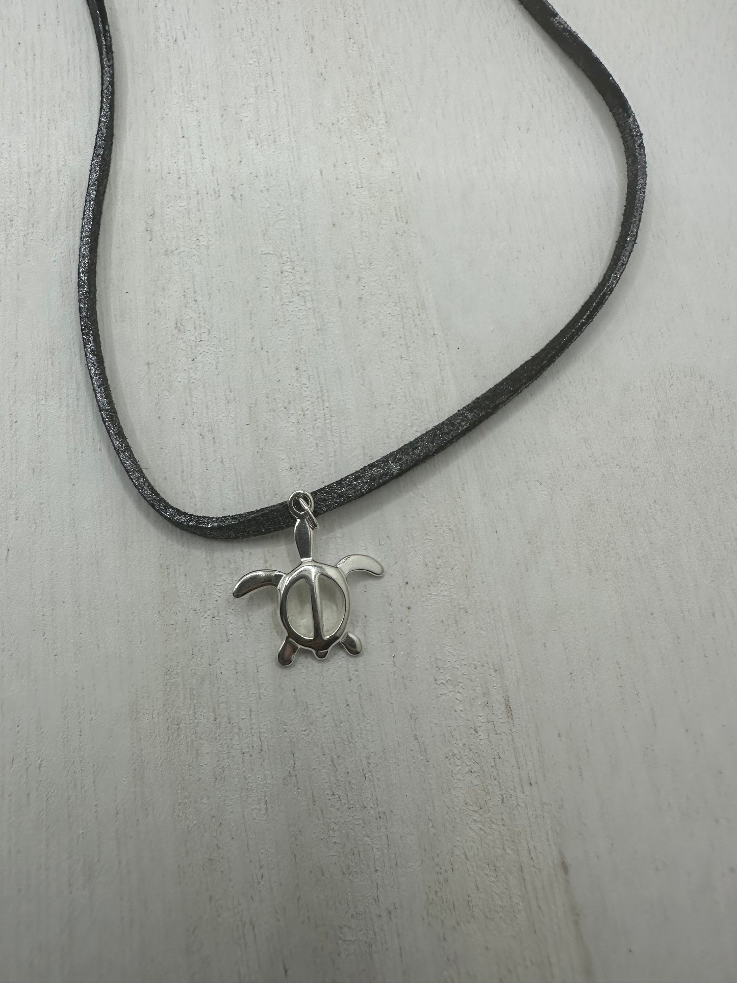 Hand made necklace-Leather plus silver turtle