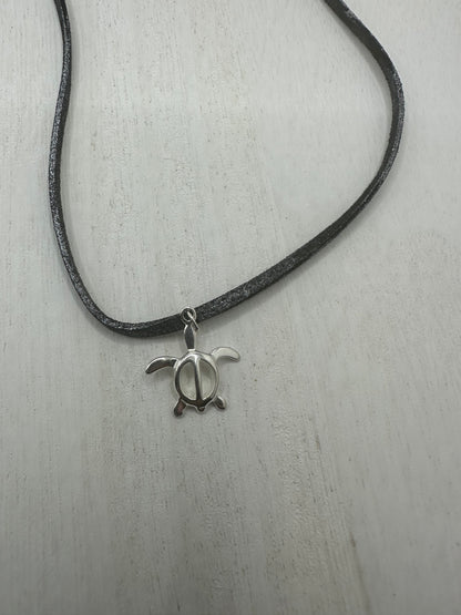 Hand made necklace-Leather plus silver turtle
