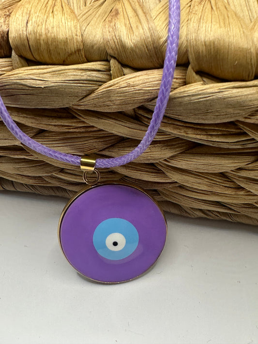Hand made necklace - purple cord with Turkish eye pendant